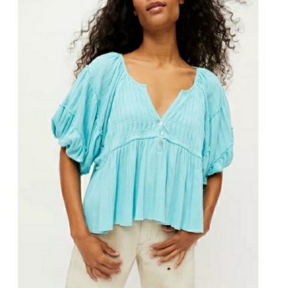 Urban Outffiters Teal Button Top Short Sleeves Oversized Size Small Petite